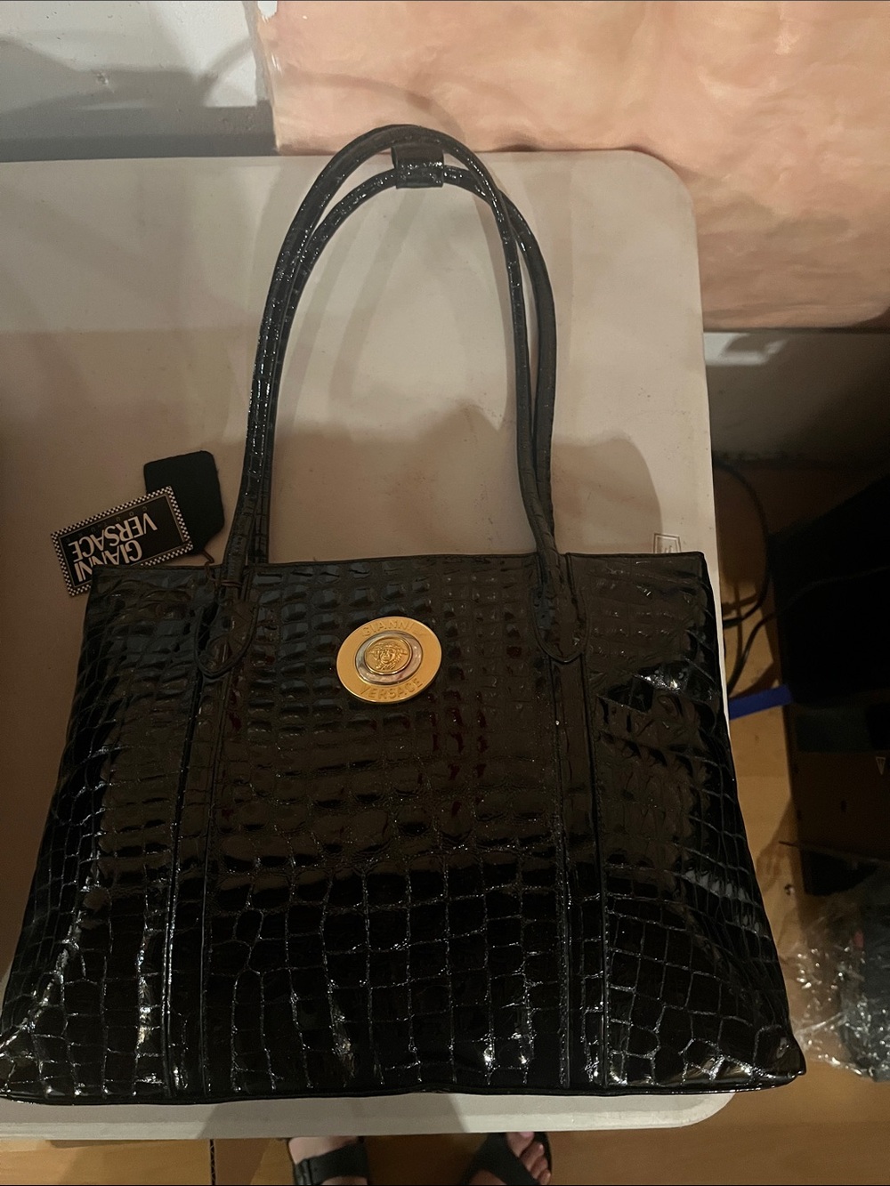 Versace Black Patent Croc-Embossed Tote with Gold Medallion